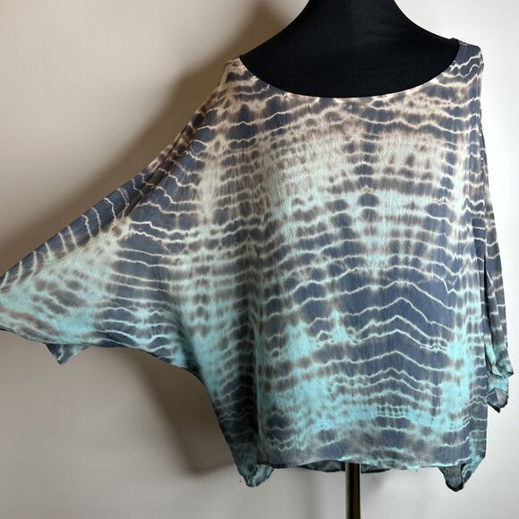Gypsy 05 Silk Boat Neck Dolman Sleeve Blouse Size S Blue Tie Dye High Low Boho - Picture 1 of 11